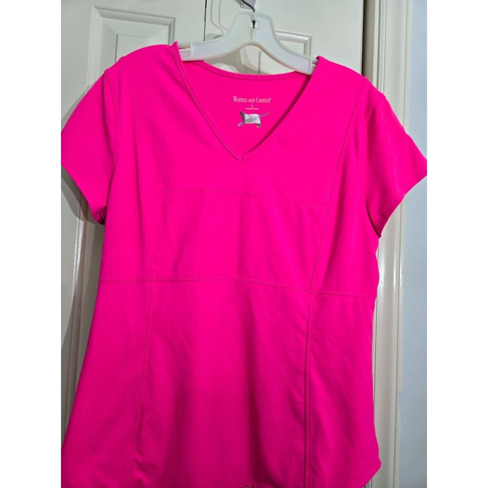 Women With Control Moisture Wicking Bright Pink Short Sleeve V-Neck Top